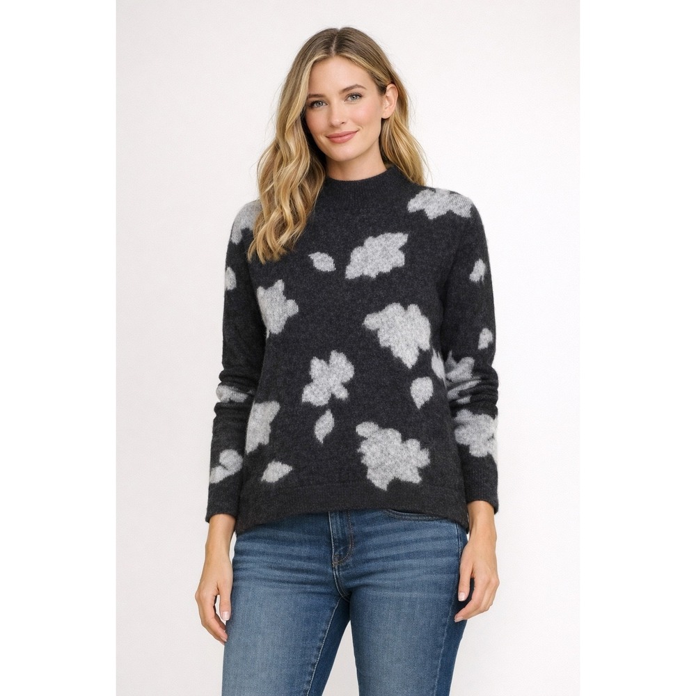 Theory Floral Alpaca Blend Mock Neck Sweater Top Size L Charcoal Grey Light Grey